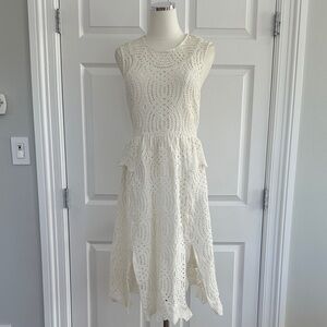WHISTLES Clementine Off-White Crochet Lace Peplum Ruffle Waist Midi Dress Size 6